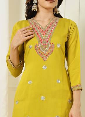 Yellow roman silk kurti pant dupatta set 3
