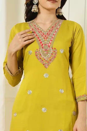 Yellow roman silk kurti pant dupatta set