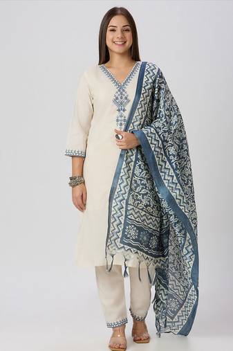 White khadi cotton kurti pant dupatta set