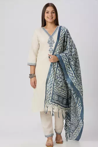 White khadi cotton kurti pant dupatta set