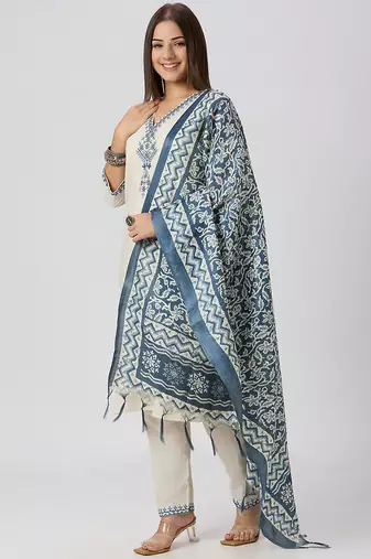 White khadi cotton kurti pant dupatta set