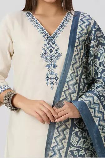 White khadi cotton kurti pant dupatta set