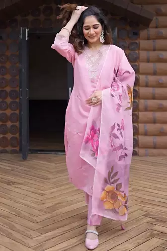 Light pink roman silk kurti pant dupatta set