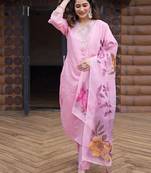 Light pink roman silk kurti pant dupatta set