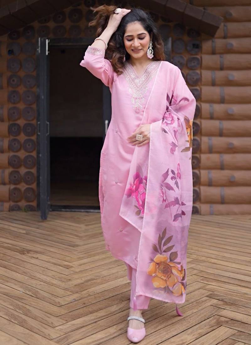 Light pink roman silk kurti pant dupatta set
