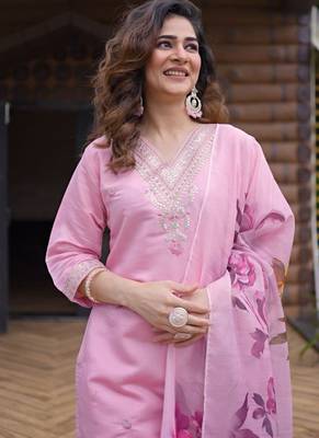 Light pink roman silk kurti pant dupatta set 2