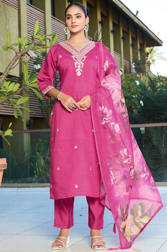 Pink roman silk kurti pant dupatta set