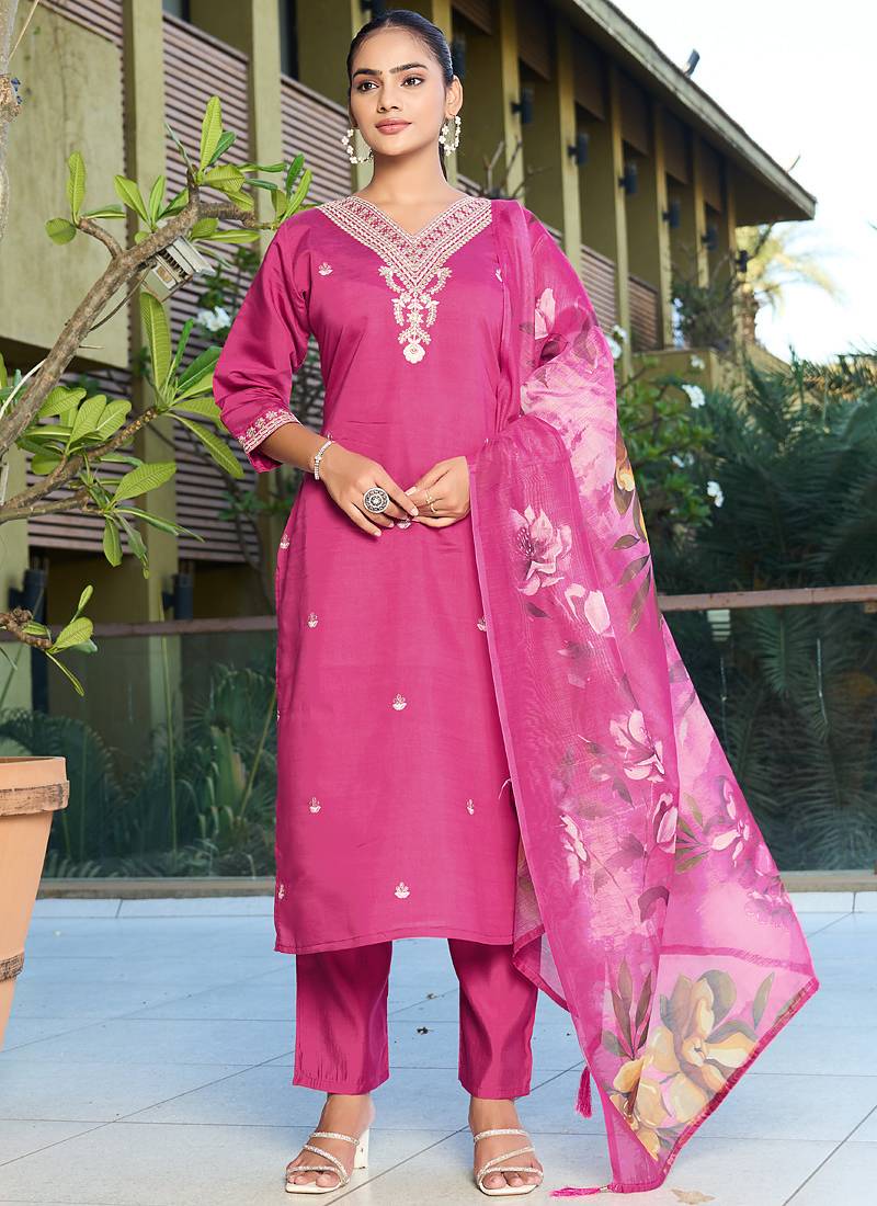 Pink roman silk kurti pant dupatta set