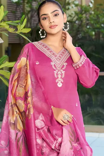 Pink roman silk kurti pant dupatta set