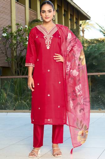 Red roman silk kurti pant dupatta set