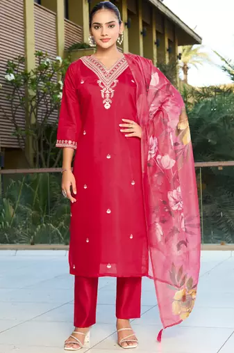 Red roman silk kurti pant dupatta set