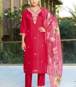 Red roman silk kurti pant dupatta set