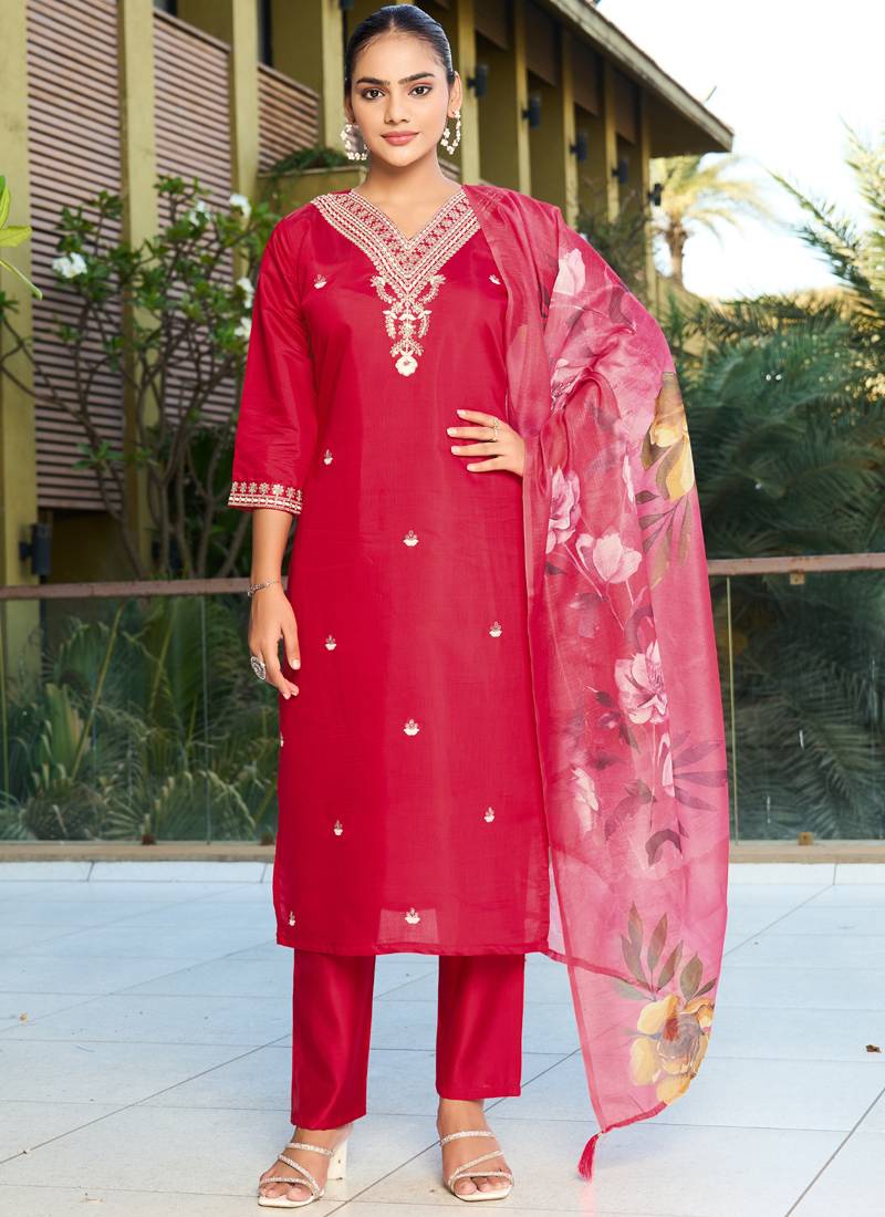 Red roman silk kurti pant dupatta set