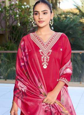 Red roman silk kurti pant dupatta set 2