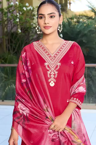 Red roman silk kurti pant dupatta set