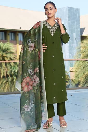 Green roman silk kurti pant dupatta set