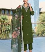 Green roman silk kurti pant dupatta set