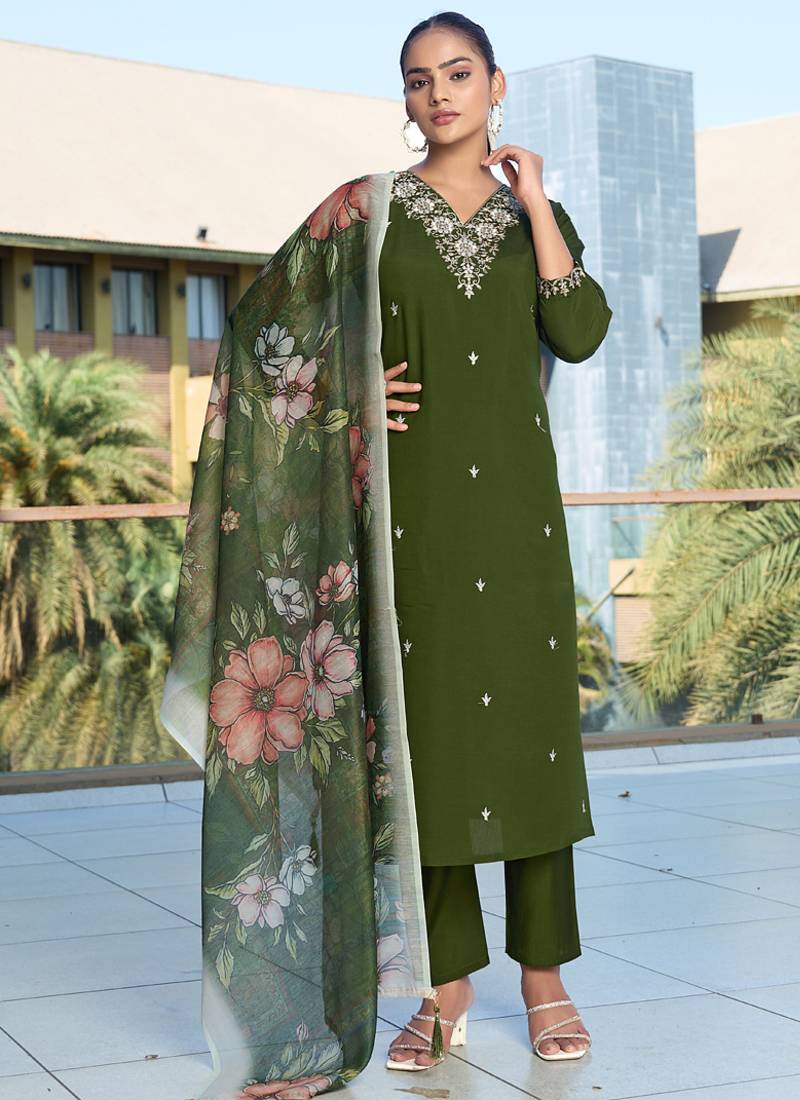 Green roman silk kurti pant dupatta set