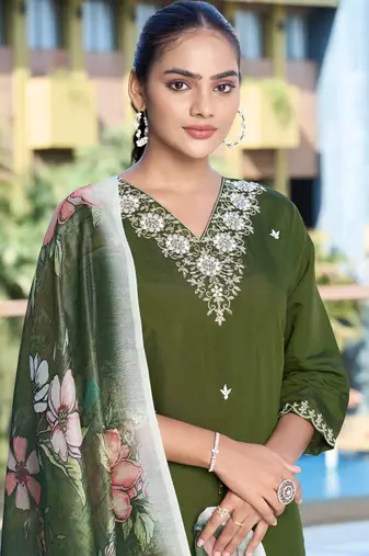 Green roman silk kurti pant dupatta set