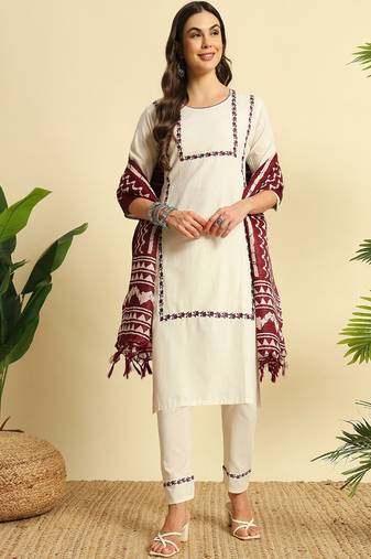 Cream khadi cotton kurti pant dupatta set
