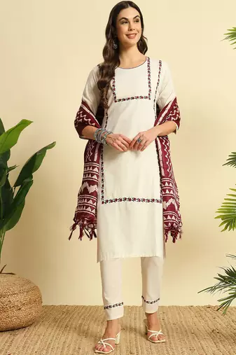 Cream khadi cotton kurti pant dupatta set