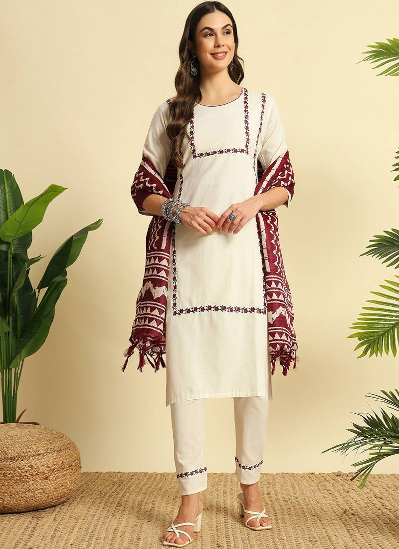 Cream khadi cotton kurti pant dupatta set