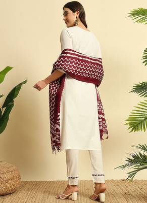 Cream khadi cotton kurti pant dupatta set 2