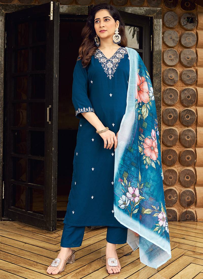 Teal roman silk kurti pant dupatta set