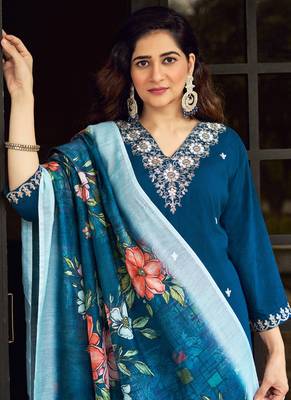 Teal roman silk kurti pant dupatta set 2