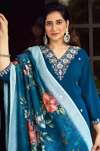 Teal roman silk kurti pant dupatta set