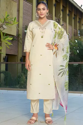 Cream roman silk kurti pant dupatta set
