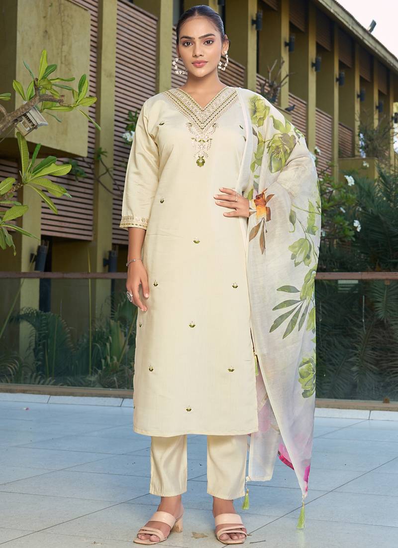 Cream roman silk kurti pant dupatta set