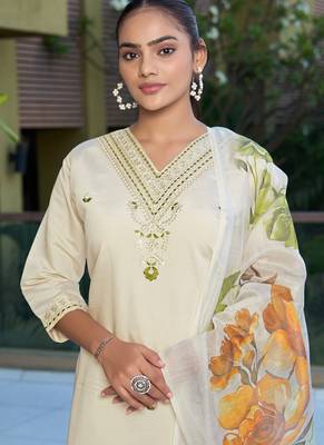 Cream roman silk kurti pant dupatta set 2
