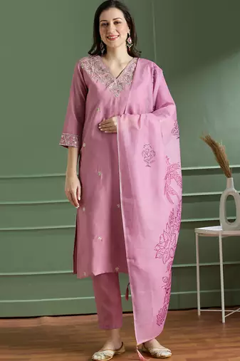 Light pink rayon kurti pant dupatta set