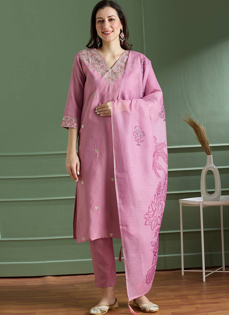 Light pink rayon kurti pant dupatta set