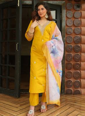 Yellow roman silk kurti pant dupatta set 1