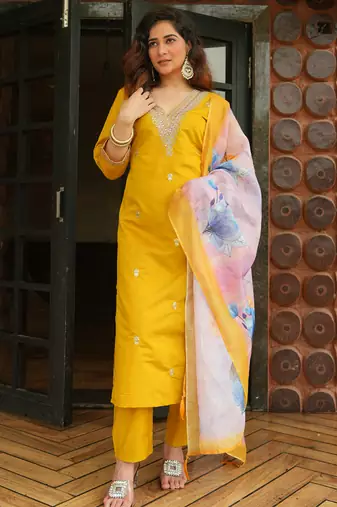 Yellow roman silk kurti pant dupatta set