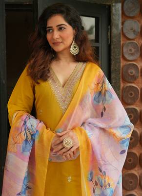 Yellow roman silk kurti pant dupatta set 2