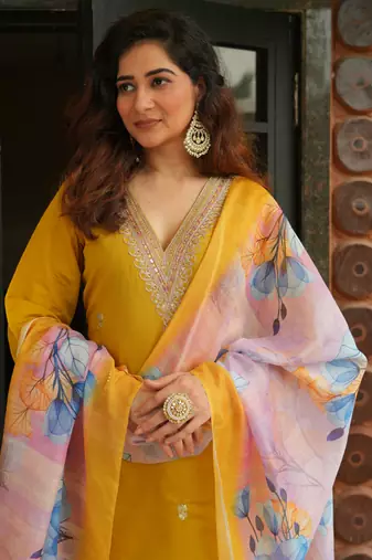 Yellow roman silk kurti pant dupatta set