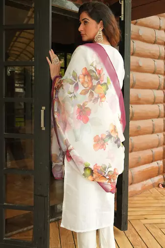 White roman silk kurti pant dupatta set