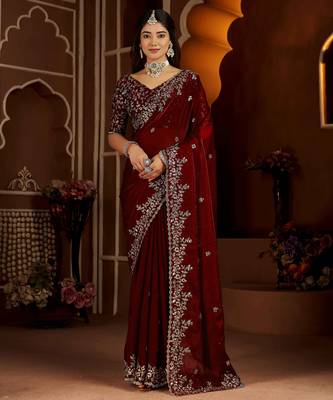 Maroon color satin silk saree with heavy jari embroidery work & designer blouse 1