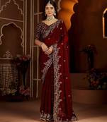 Maroon color satin silk saree with heavy jari embroidery work & designer blouse