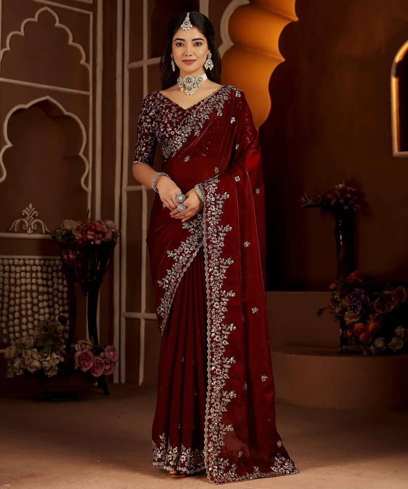 Maroon color satin silk saree with heavy jari embroidery work & designer blouse