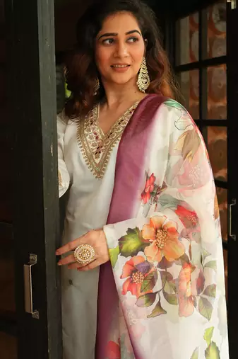 White roman silk kurti pant dupatta set
