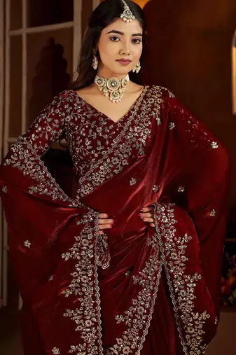Maroon color satin silk saree with heavy jari embroidery work & designer blouse