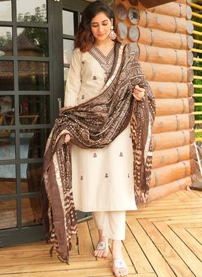 Cream khadi cotton kurti pant dupatta set 1