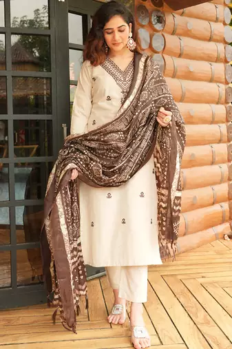 Cream khadi cotton kurti pant dupatta set