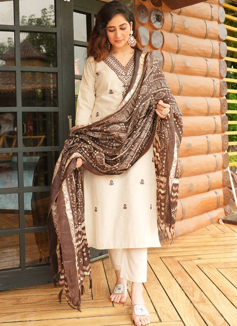 Cream khadi cotton kurti pant dupatta set