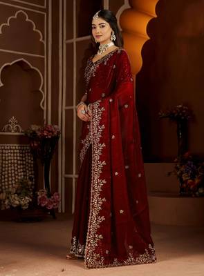Maroon color satin silk saree with heavy jari embroidery work & designer blouse 3