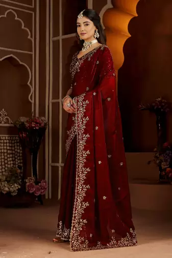 Maroon color satin silk saree with heavy jari embroidery work & designer blouse